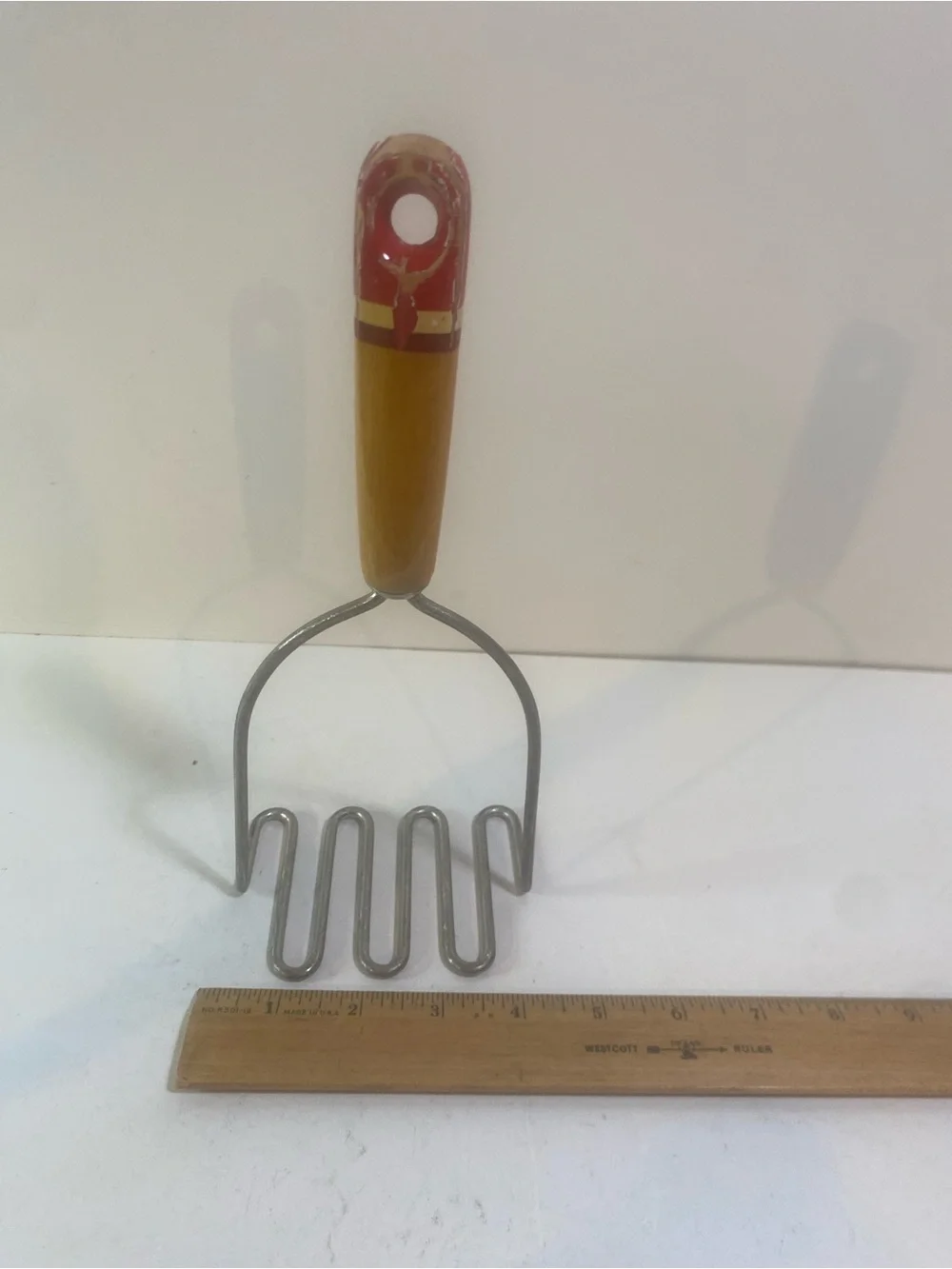 Vintage Wooden Striped Handle Potato Masher Chips On Paint